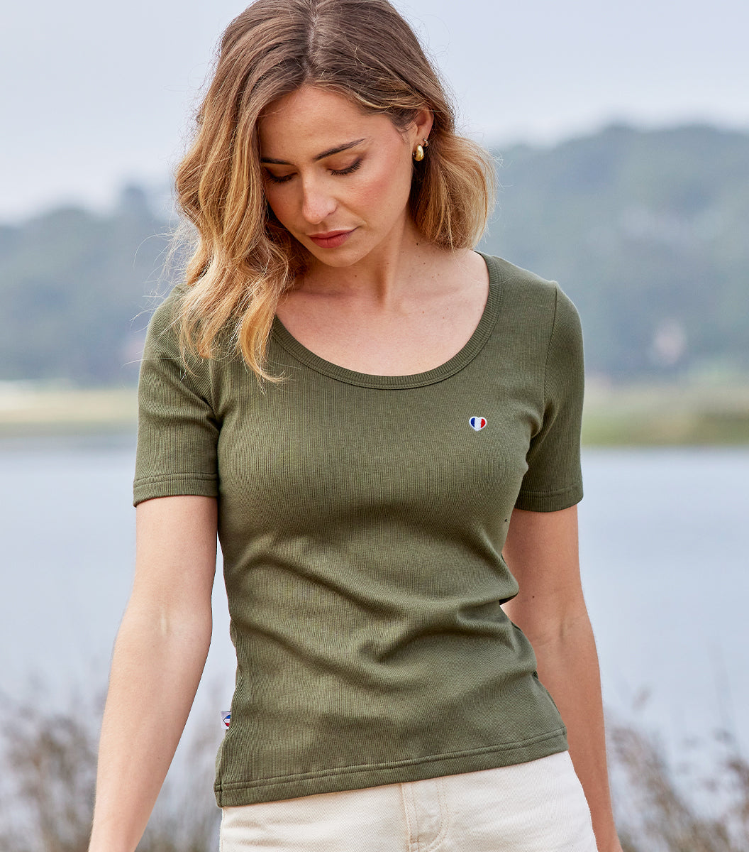 T-shirt Femme Côtelé Kaki - Iconique