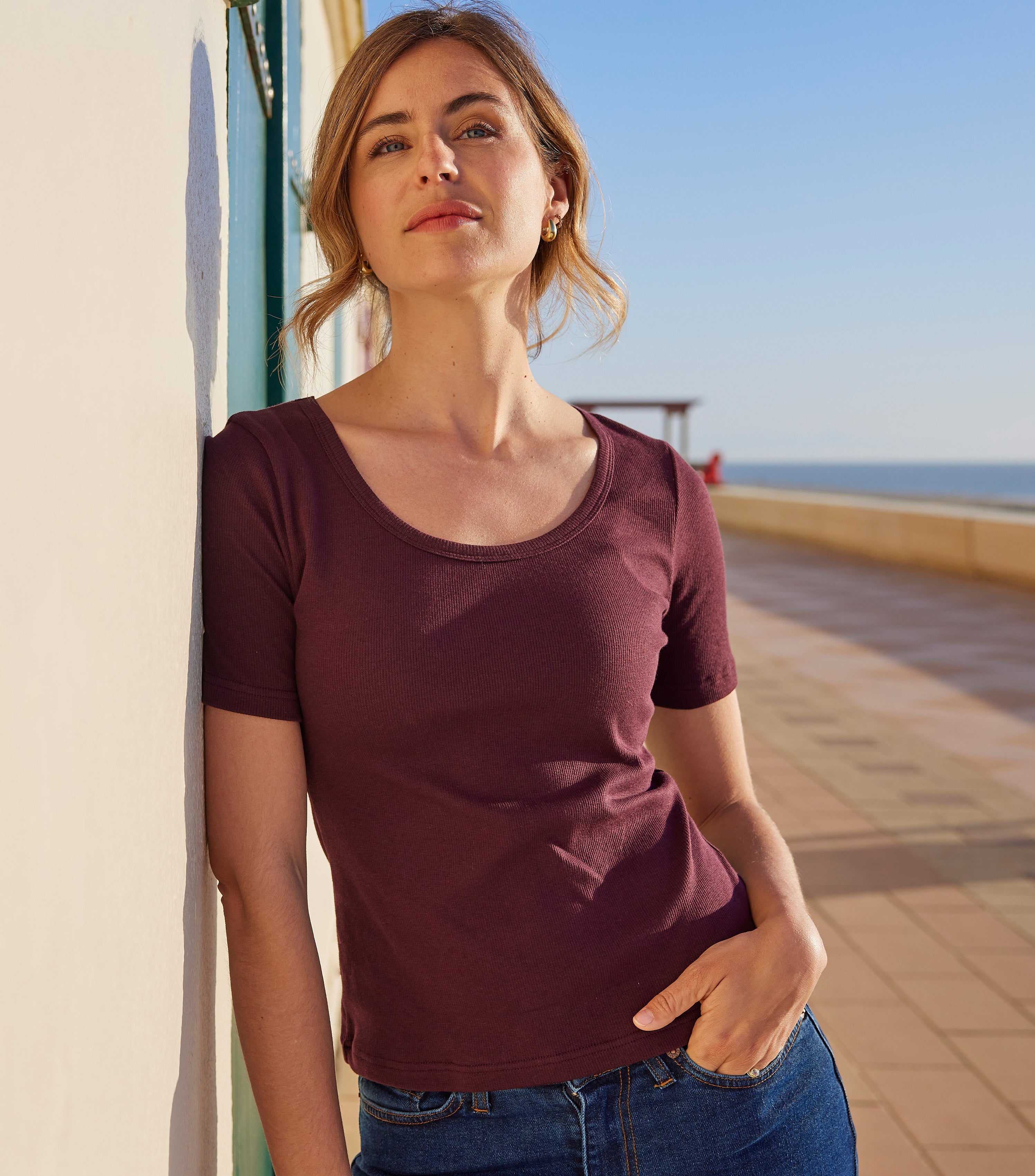 T-shirt Femme Côtelé Bordeaux - Intemporel