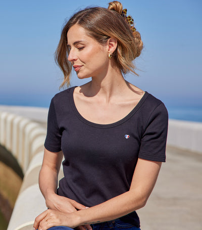 T-shirt Femme Côtelé Noir - Iconique