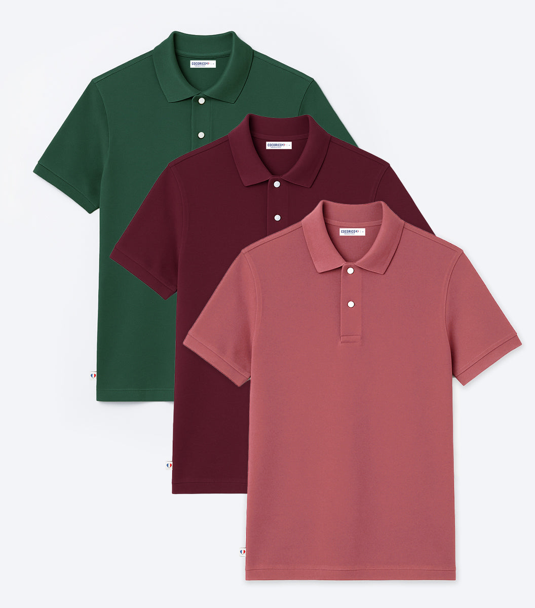 Polo Homme x3 - Pack Bordeaux/Sapin/Rose