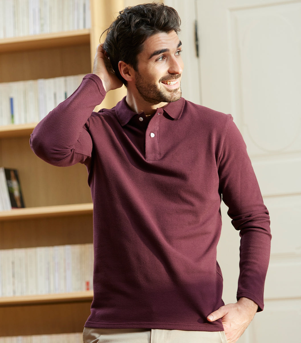 Polo Homme Manches Longues Bordeaux - L'Intemporel