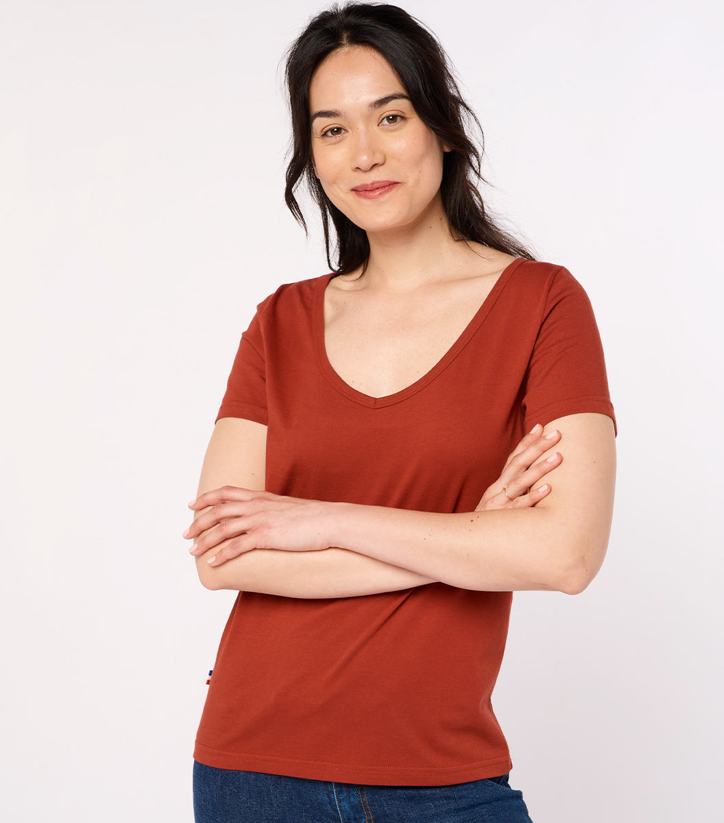 T-shirt col V Femme Terracotta - Intemporel