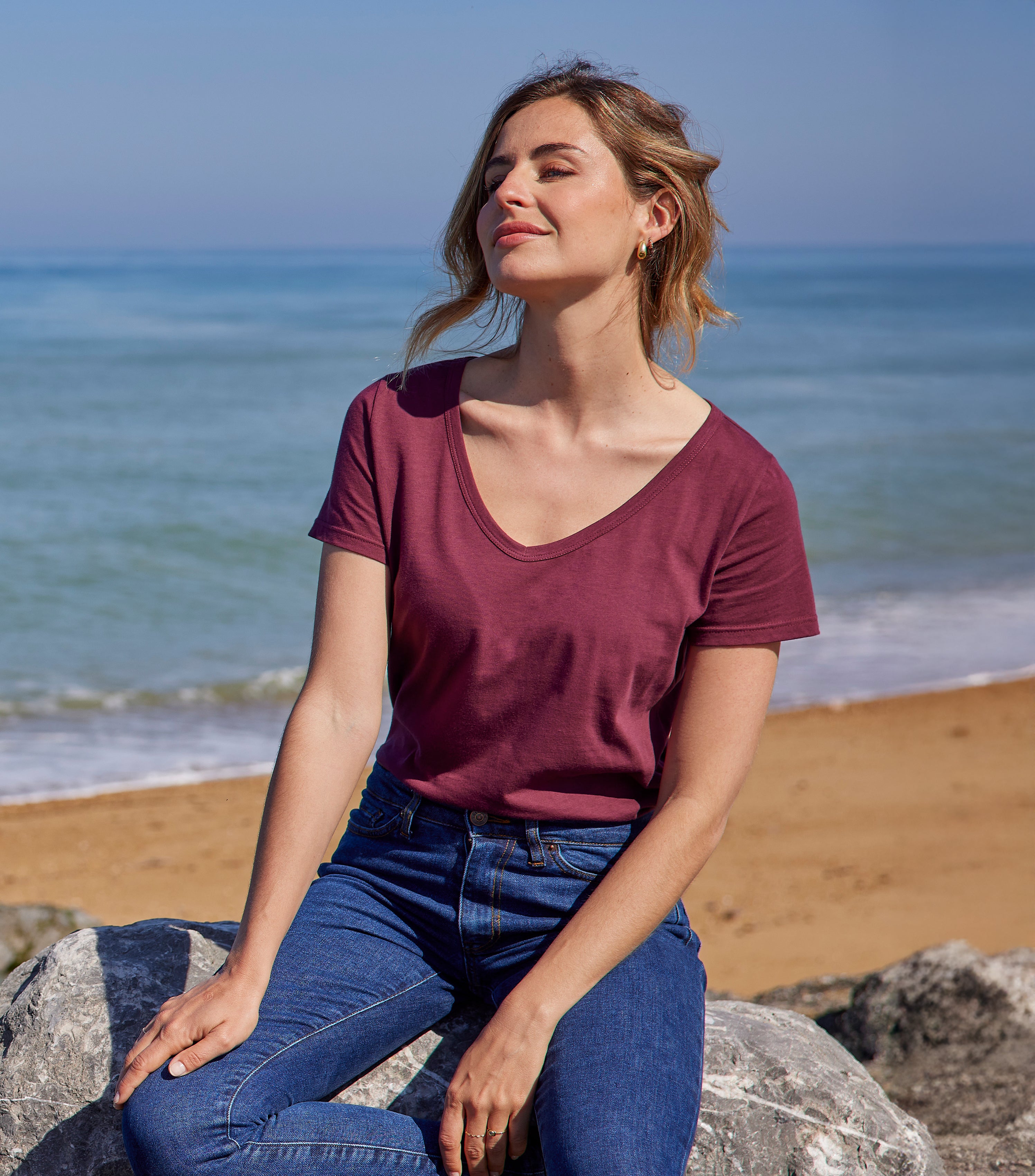 T-shirt col V Femme Bordeaux - Intemporel