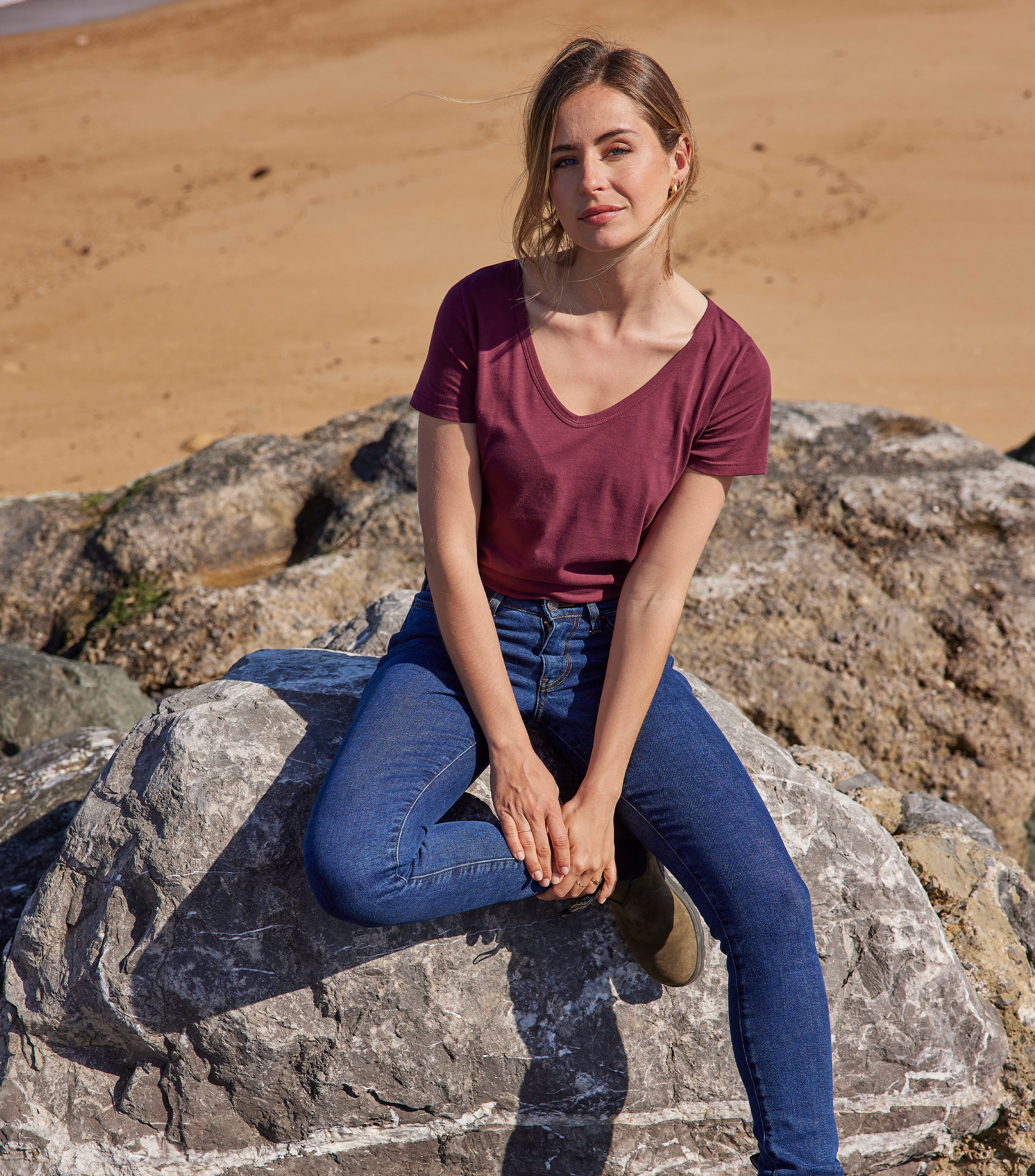 T-shirt col V Femme Bordeaux - Intemporel