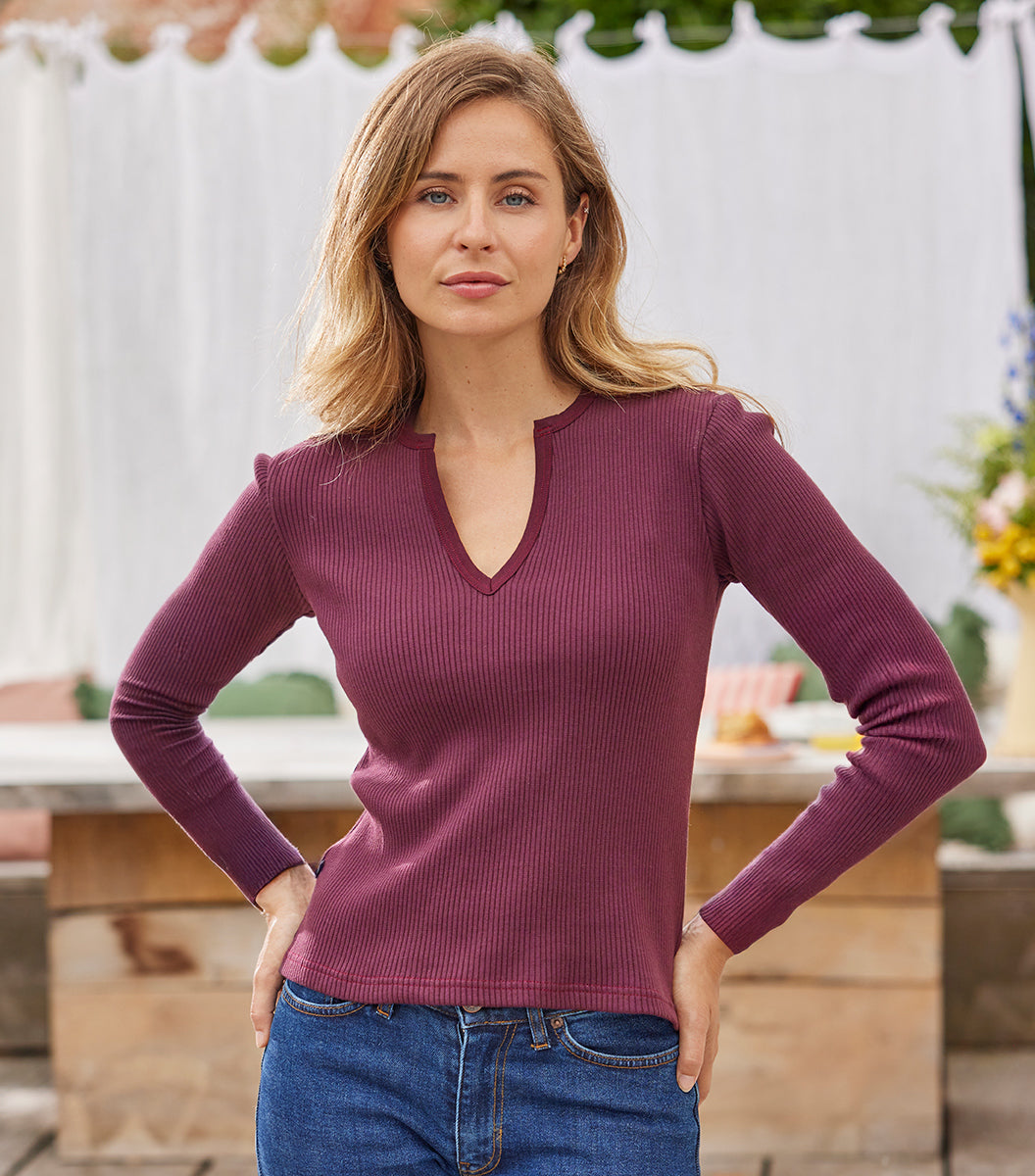 Haut Maille Côtelée Femme Bordeaux - Intemporel