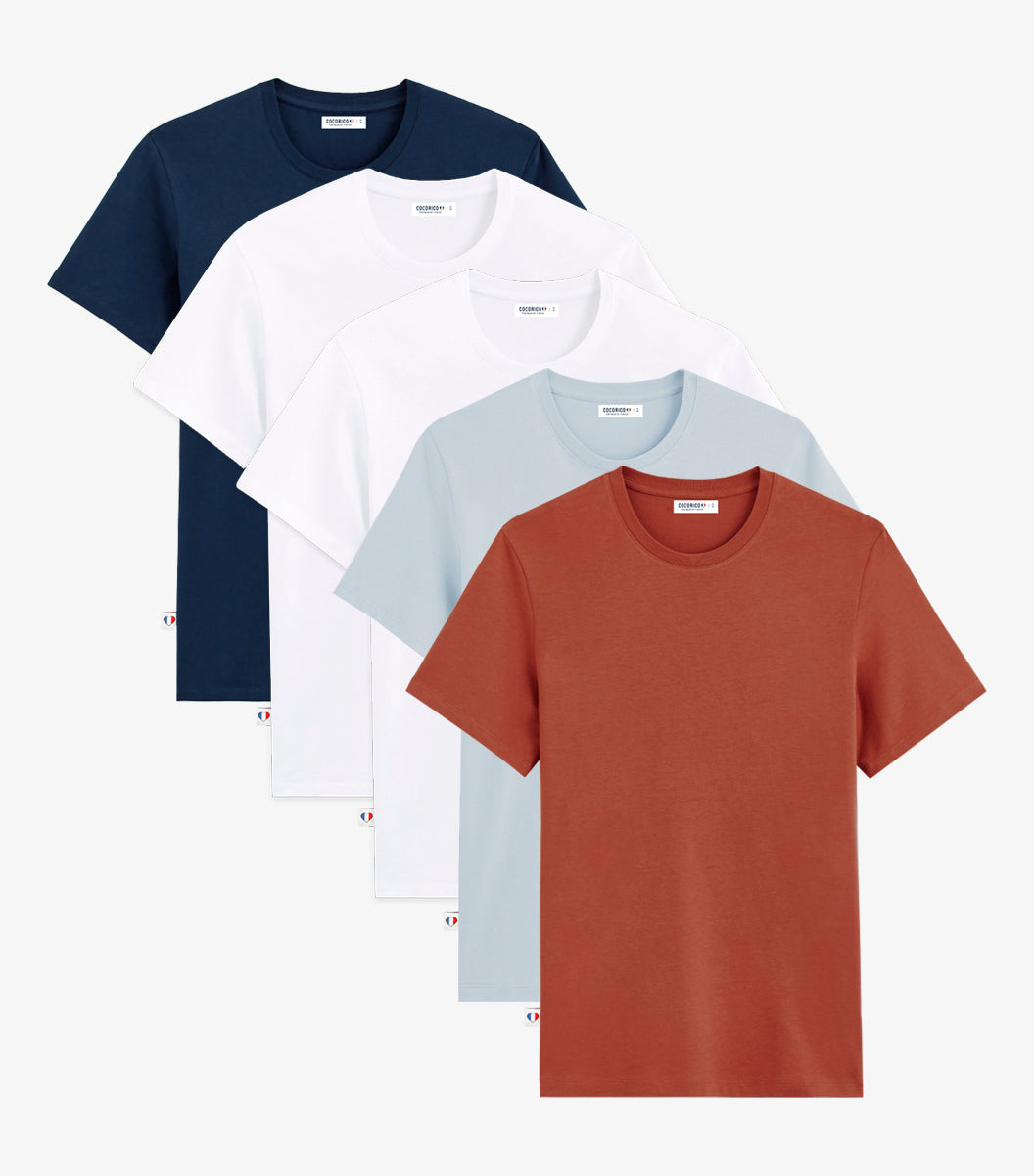 T-shirt Homme x5 - Pack Marine/Terracotta/Ciel/Blanc