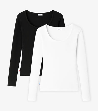 T-shirt Femme Côtelé Manches Longues x2 Blanc Noir - Pack Intemporel