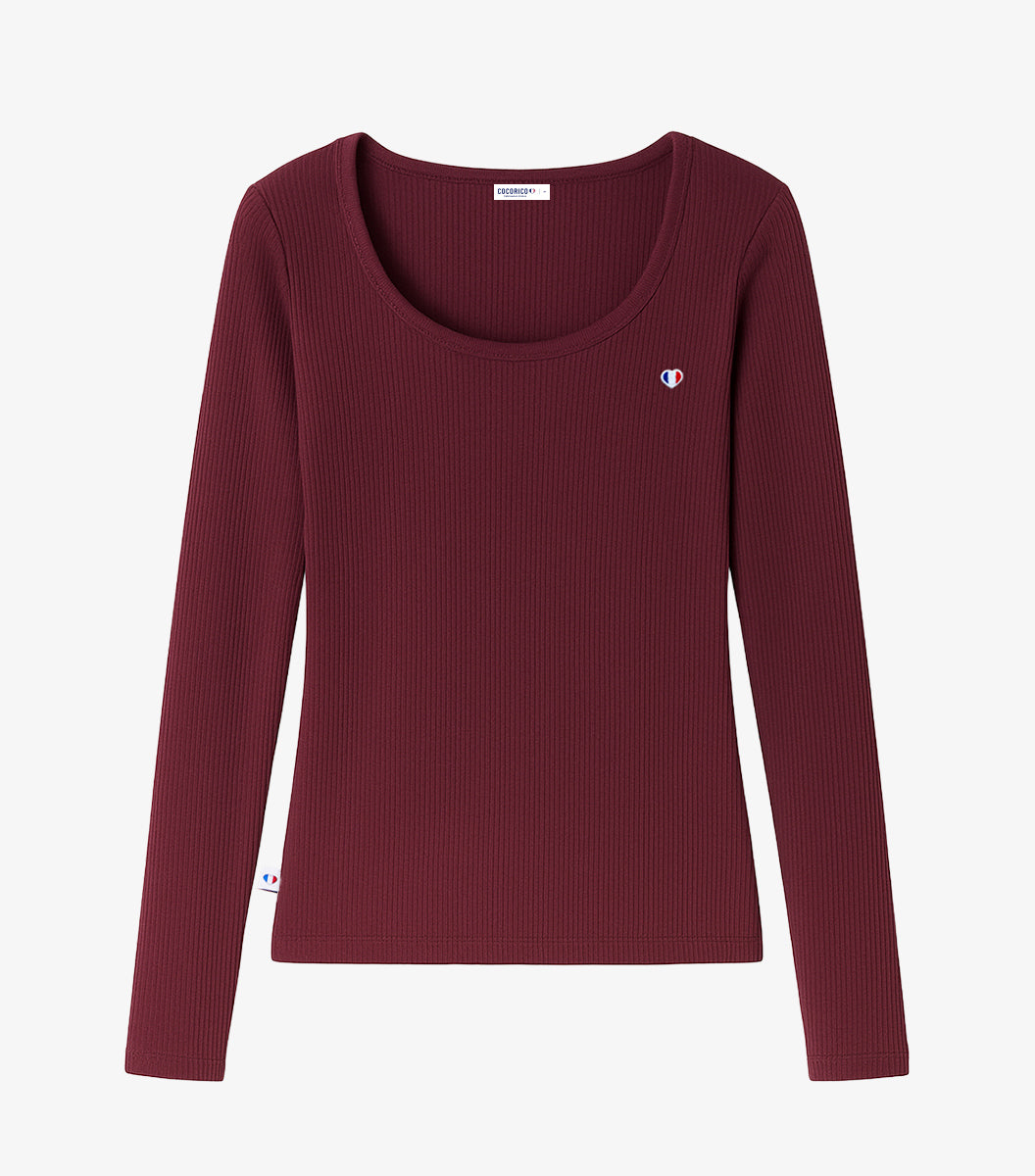 T-shirt Femme Côtelé Manches Longues Bordeaux - Iconique