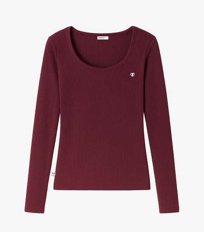 T-shirt Femme Côtelé Manches Longues Bordeaux - Iconique