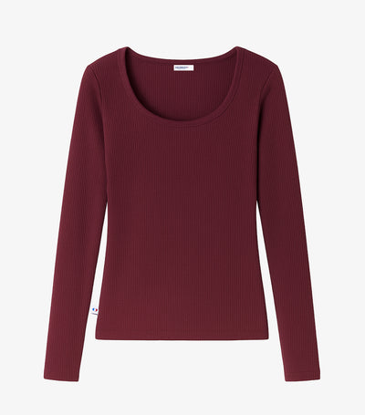 T-shirt Femme Côtelé Manches Longues Bordeaux - Intemporel
