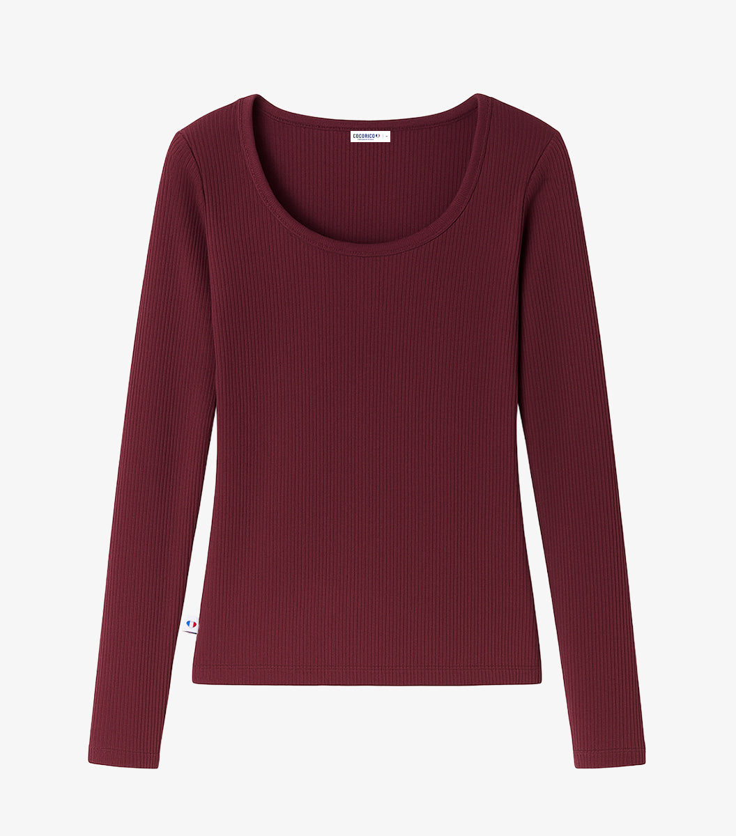 T-shirt Femme Côtelé Manches Longues Bordeaux - Intemporel