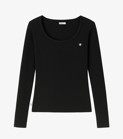 T-shirt Femme Côtelé Manches Longues Noir - Iconique