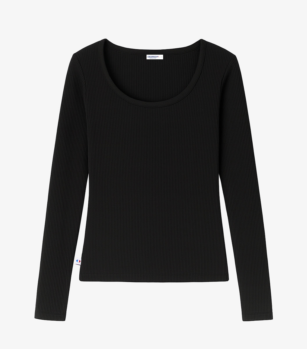 T-shirt Femme Côtelé Manches Longues Noir - Intemporel