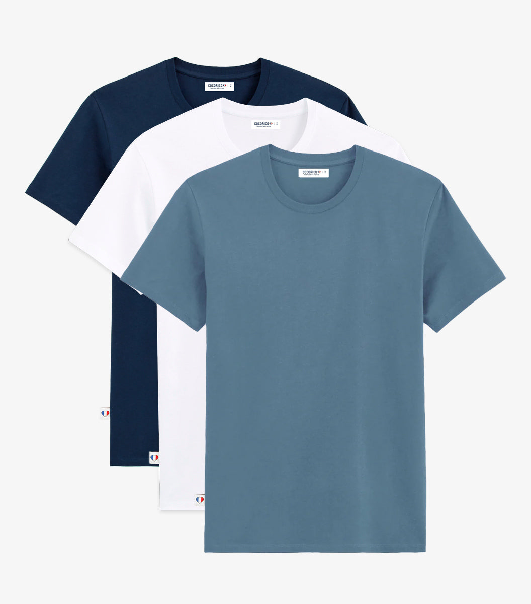 T-shirt Homme x3 - Pack Blanc/Marine/Azur