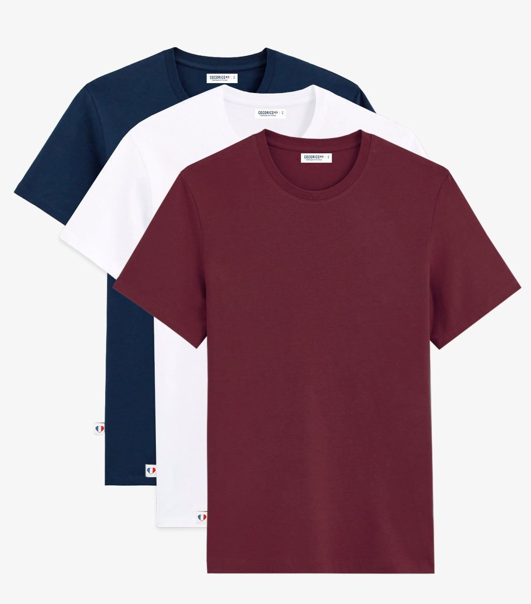 T-shirt Homme x3 - Pack Blanc/Marine/Bordeaux