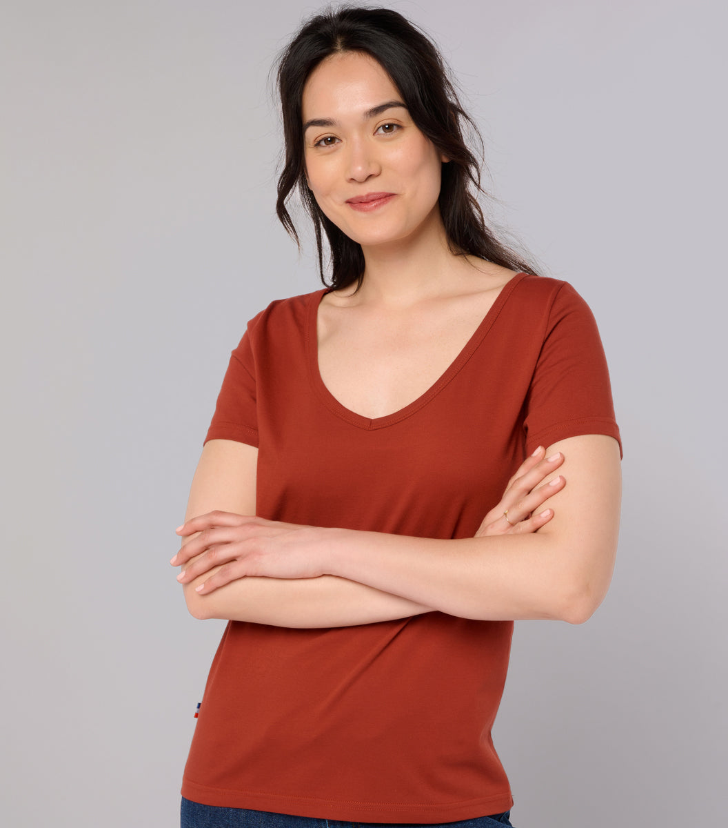 T-shirt col V Femme Terracotta - Intemporel