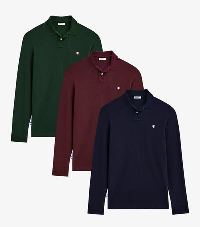 Polo Homme Manches Longues x3 - Pack Marine/Sapin/Bordeaux