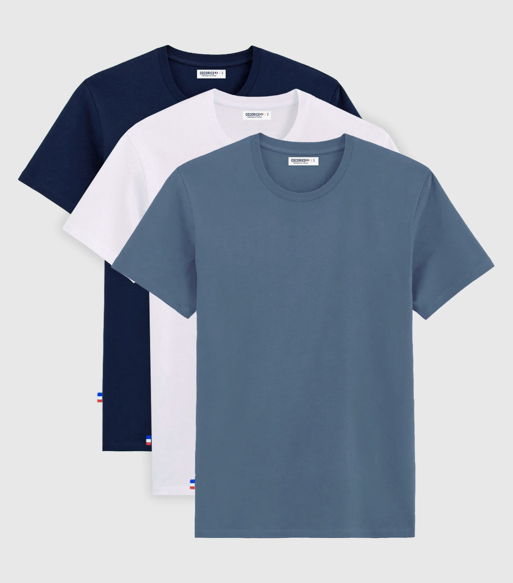 T-shirt Homme x3 - Pack Blanc/Marine/Azur