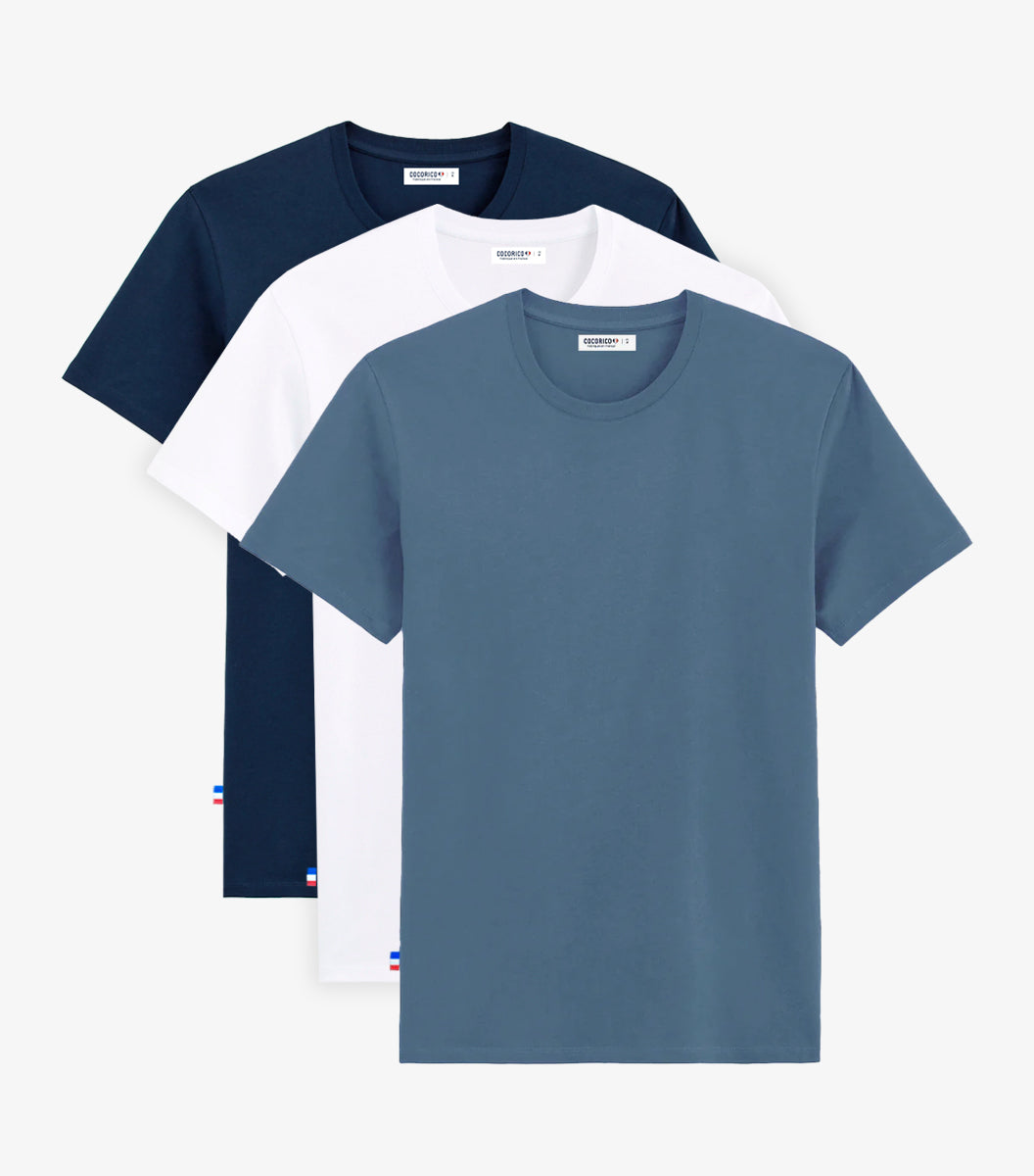 T-shirt Homme x3 - Pack Blanc/Marine/Azur