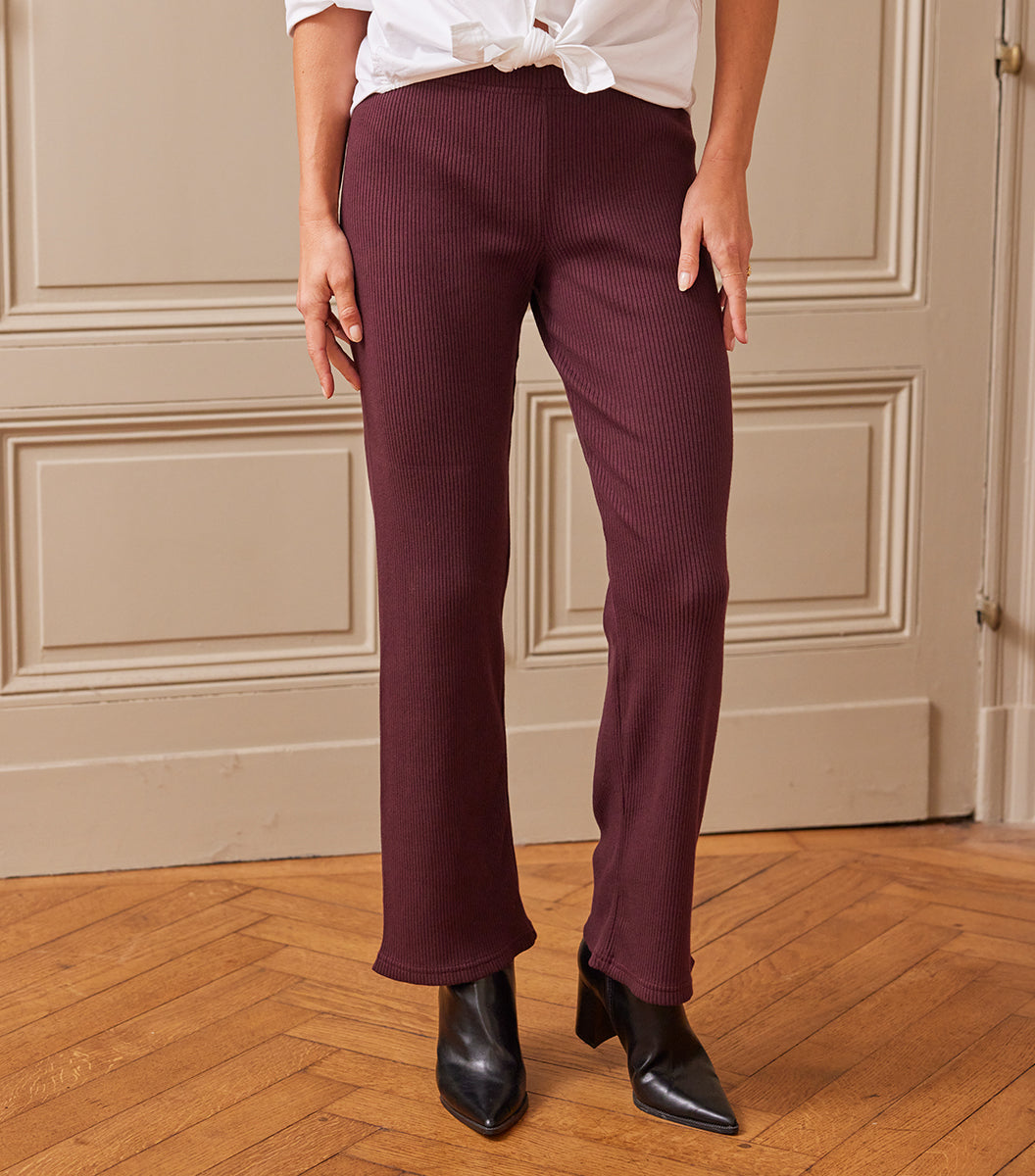 Pantalon Maille Côtelée Femme Bordeaux - Intemporel