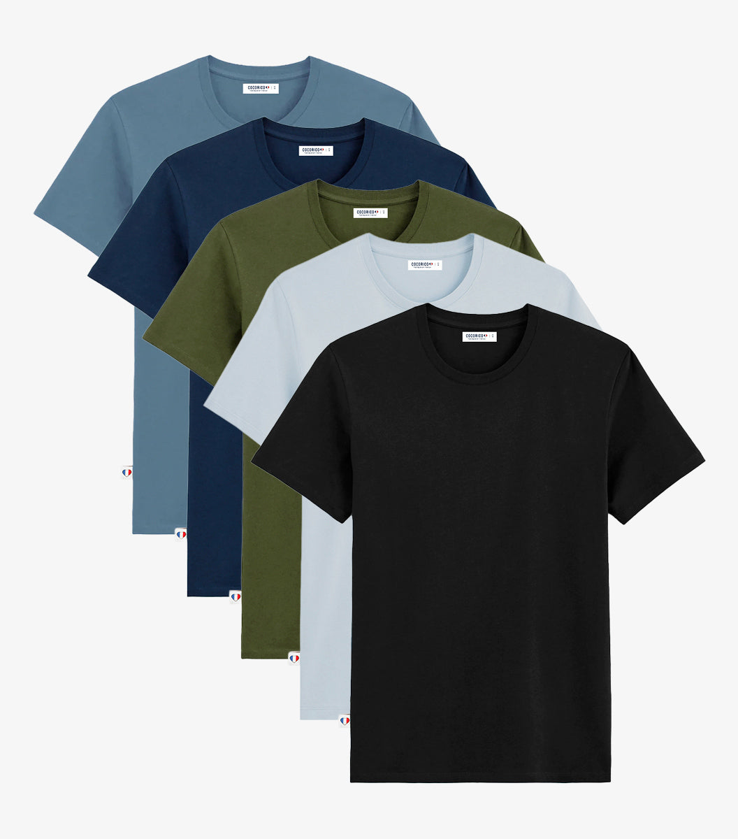 T-shirt Homme x5 - Pack Marine/Noir/Kaki/Ciel/Azur