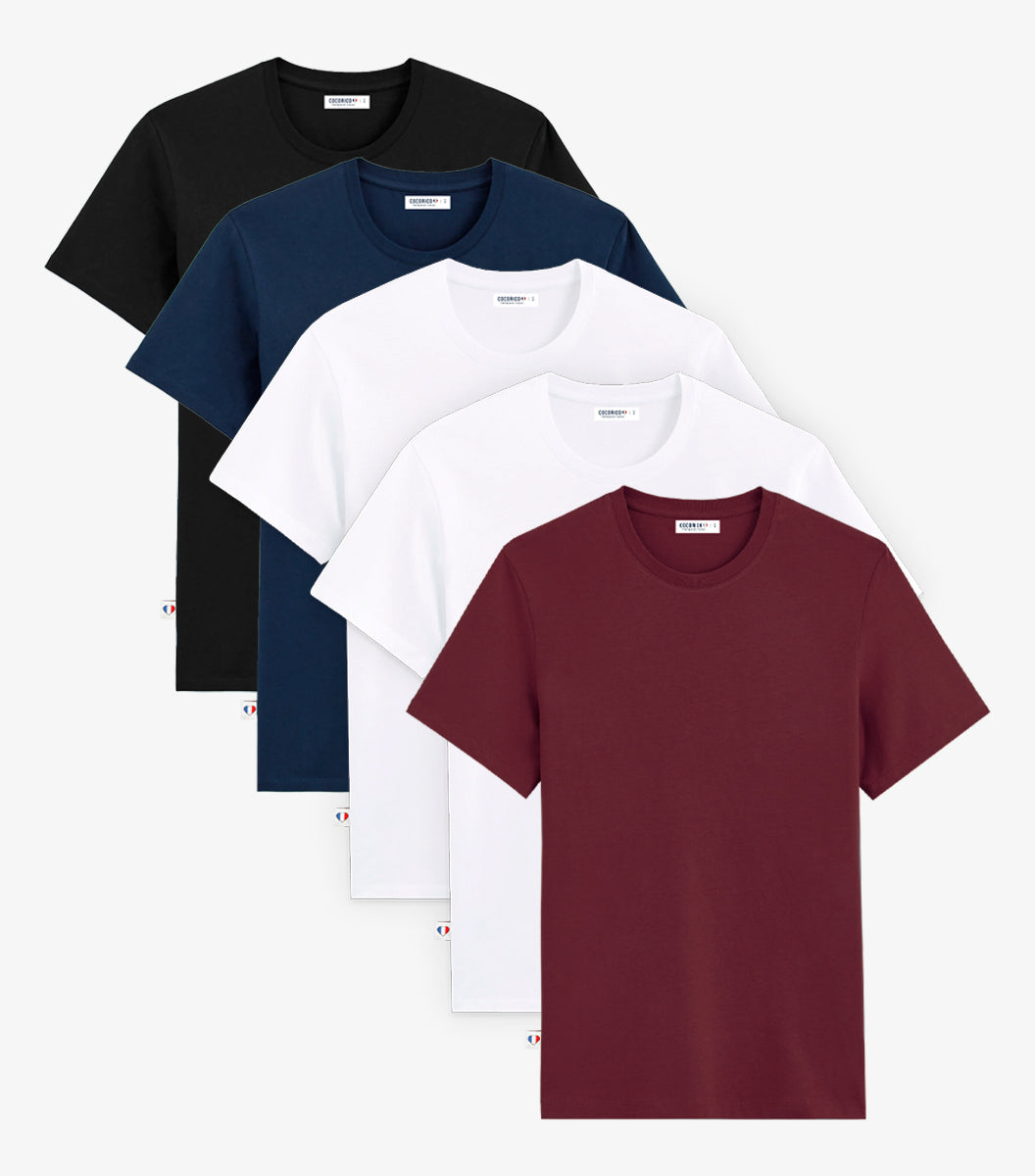 T-shirt Homme x5 - Pack Marine/Noir/Bordeaux/Blanc