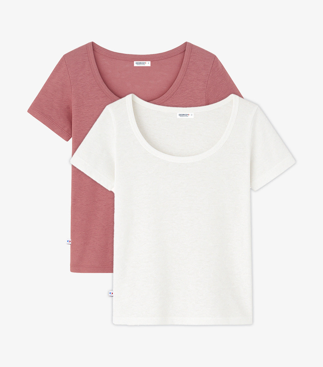 T-shirt Femme en Lin x2 - Pack Rose/Blanc