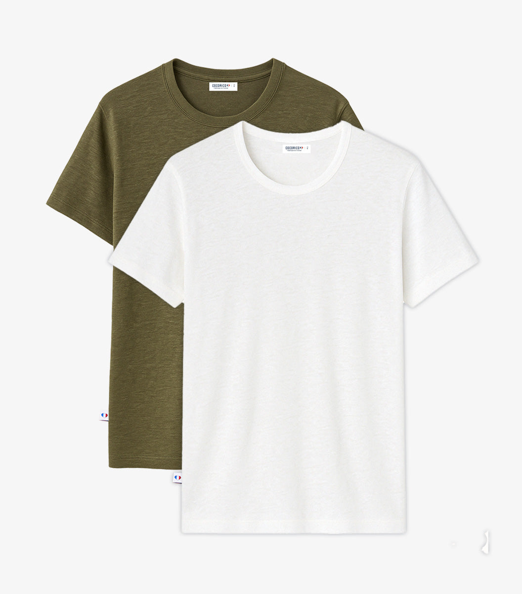 T-shirt Homme en Lin x2 - Pack Blanc/Kaki