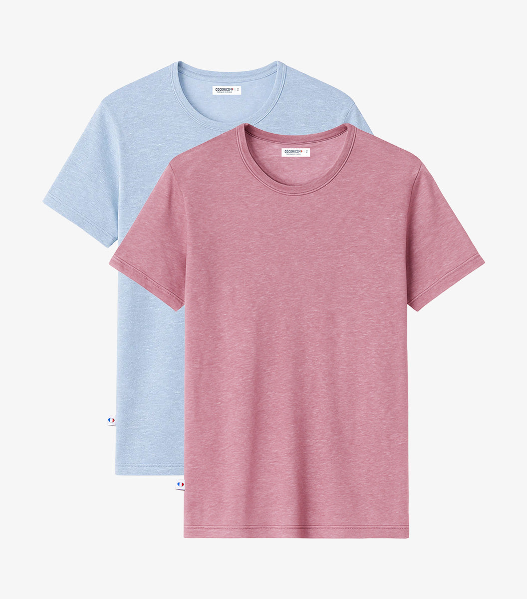 T-shirt Homme en Lin x2 - Pack Ciel/Rose