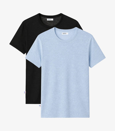 T-shirt Homme en Lin x2 - Pack Noir/Ciel