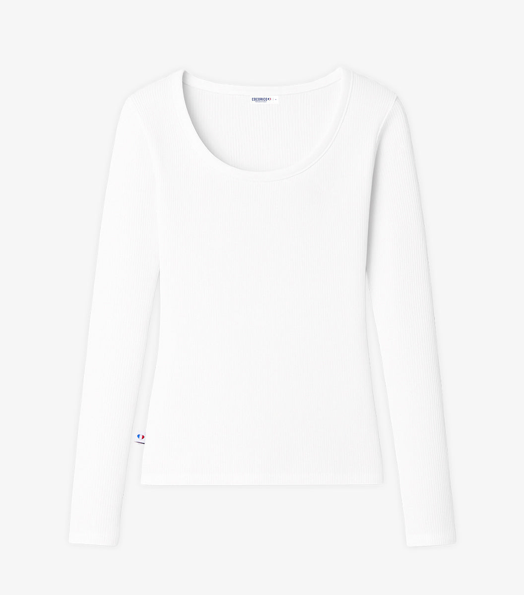 T-shirt Femme Côtelé Manches Longues Blanc - Intemporel
