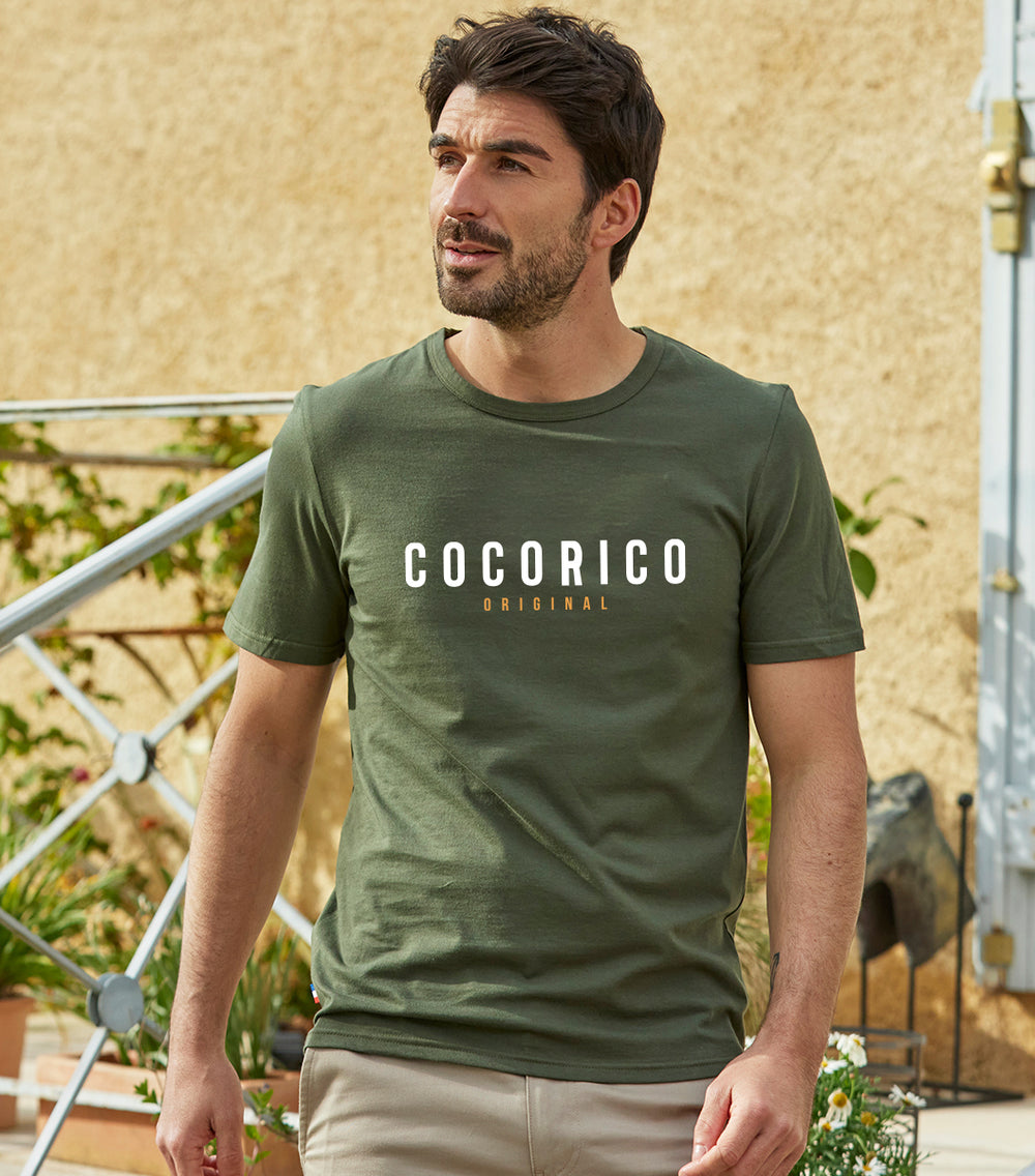 Homme T-shirt court en coton kaki imprimé main image 1