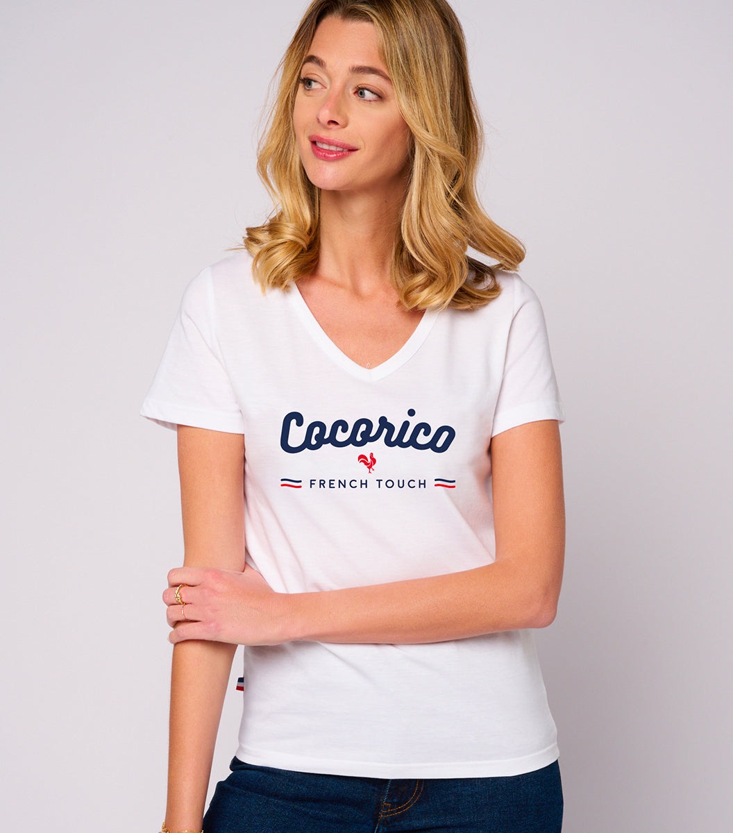 T-shirt col V Femme Blanc - French Touch