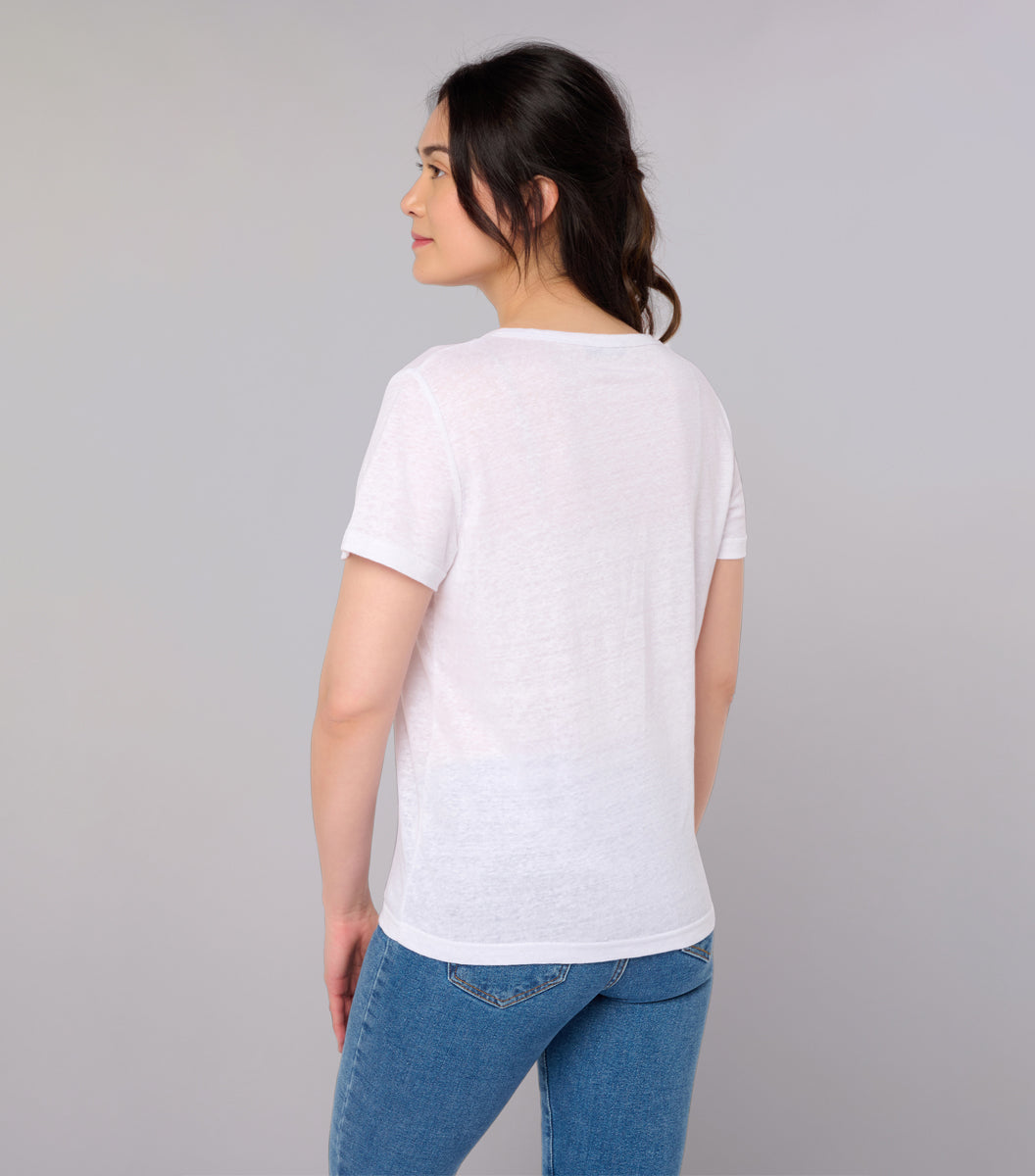 T-shirt col V Lin Femme Blanc - Intemporel