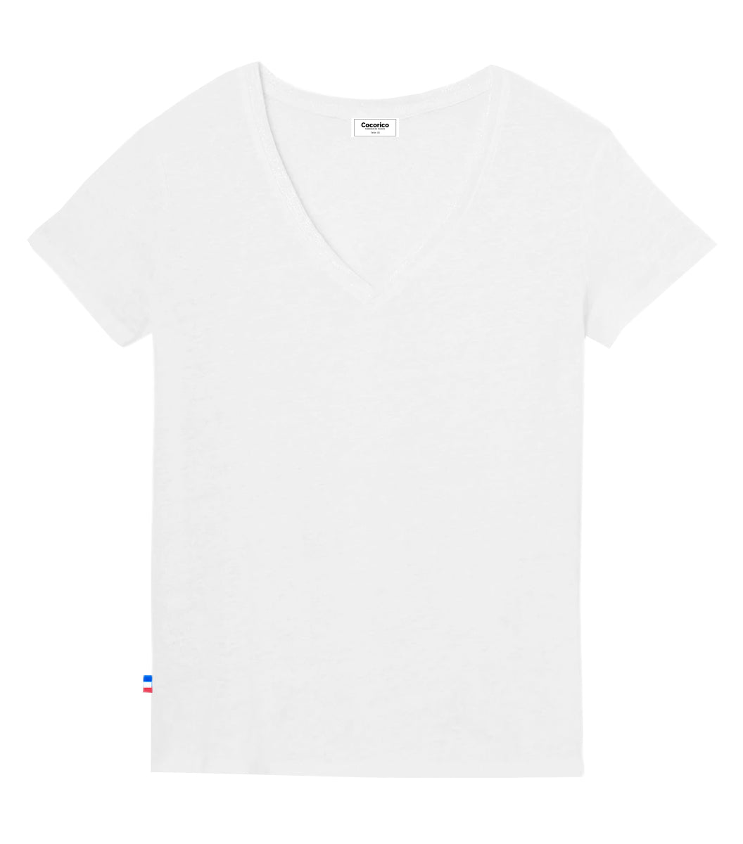 T-shirt col V Lin Femme Blanc - Intemporel